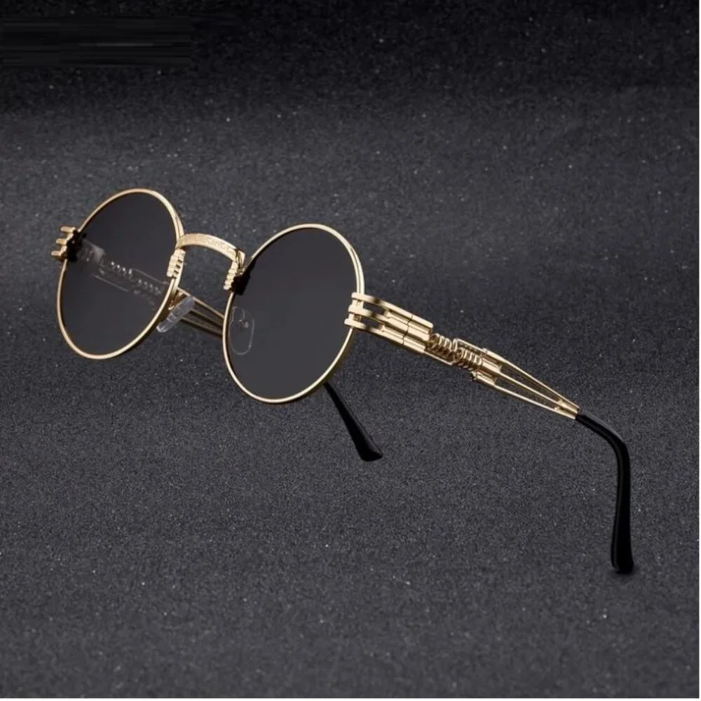 Round Black Lens Men Sunglasses Gold Frame Hip Hop Style Fashion Designer Lentes